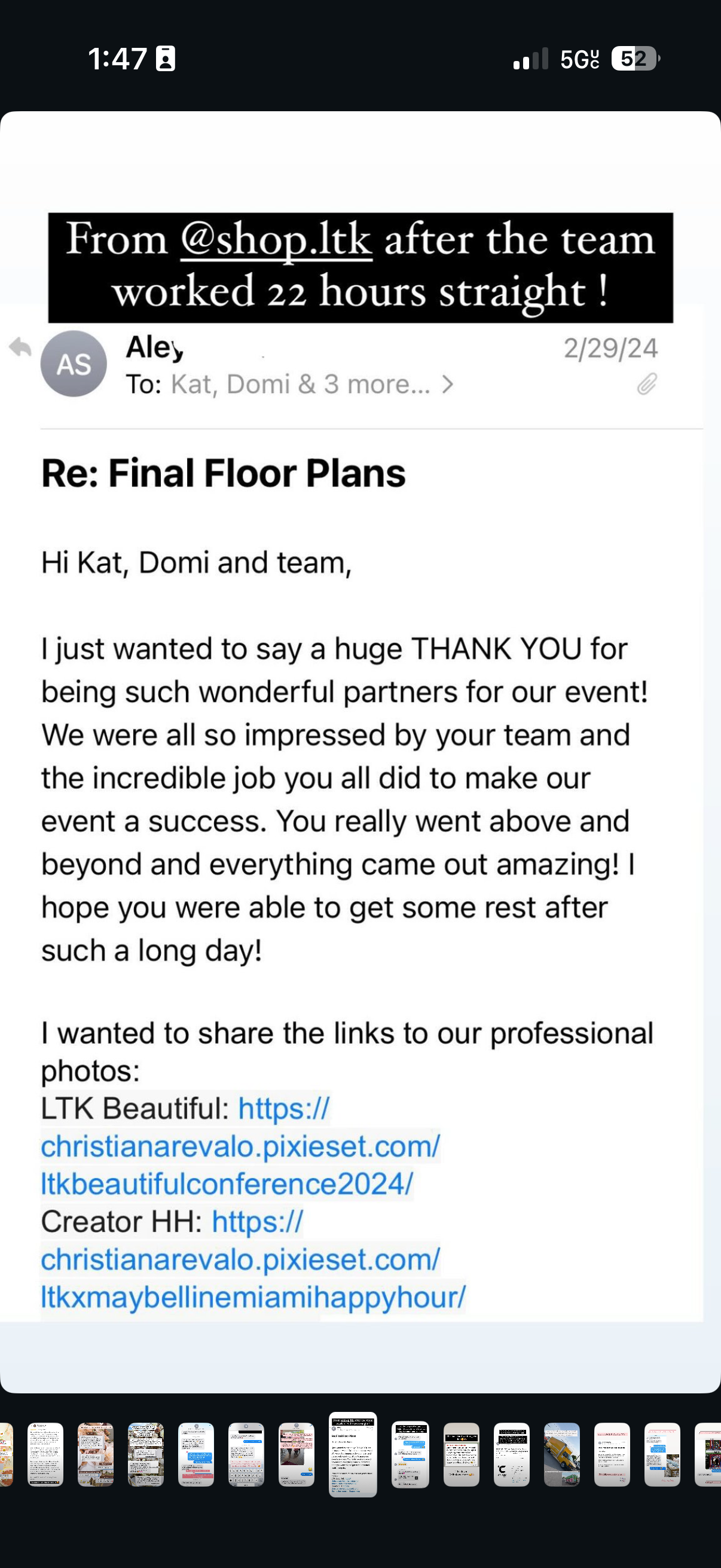 Screenshot of a text message thanking a team for their work at an event, featuring links to professional photos.