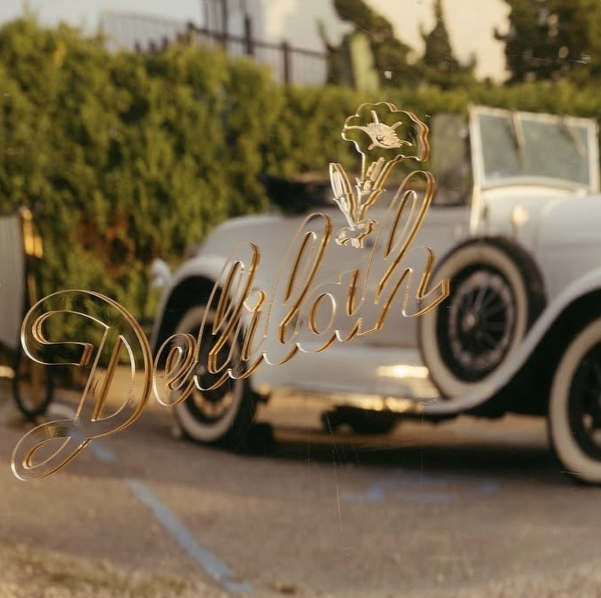 A vintage white convertible car parked outdoors with a decorative gold "Delano" sign on a window in the foreground, with greenery and trees in the background.