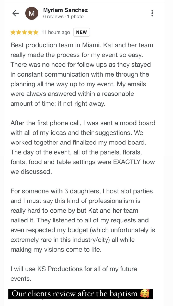 Screenshot of a five-star review written by Myriam Sanchez about KS Productions, praising their event planning services and mentioning her positive experience with the team during her event.