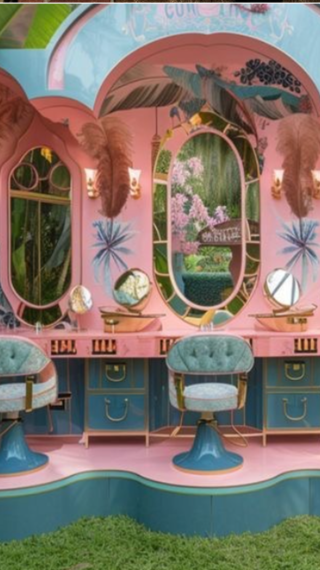 A colorful interior with pink walls, large mirrors, and vintage-style chairs, decorated with tropical plants and outdoor scenery reflected in the mirrors.