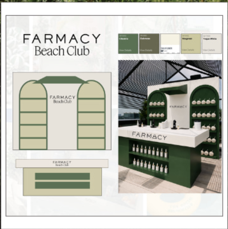 Designs and a photo of a mobile pharmacy stand for Farmacy Beach Club, featuring green shelving and a counter with bottles, set outdoors under a modern canopy.