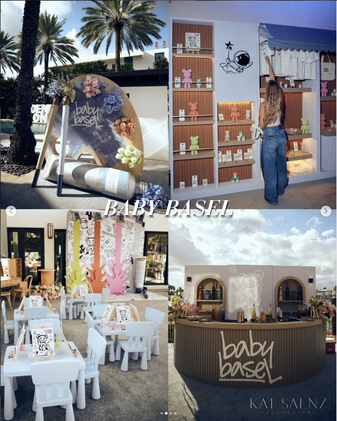 Collage of four images showcasing a baby-themed event or store with decorations, toys, and furniture featuring teddy bear motifs and pastel colors.