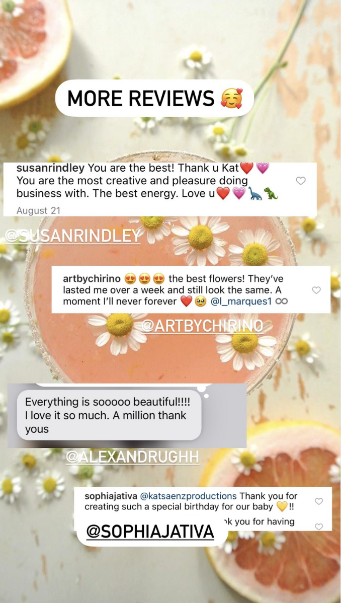 Instagram story with sample reviews over a background of daisies and grapefruit slices, promoting more feedback and appreciation for a business or service.