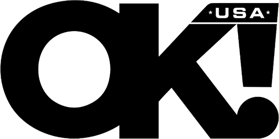 Graphic design with the letters 'OK!' and 'USA', featuring the American flag in the upper right corner.