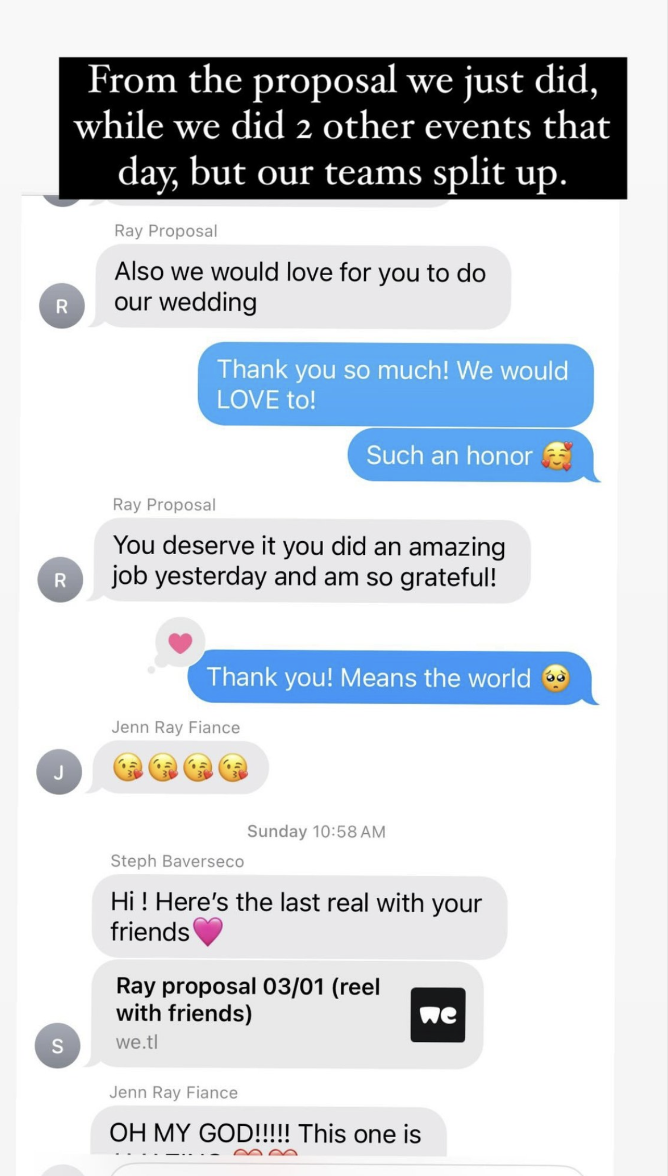 Screenshot of a group chat conversation discussing a proposal, with messages expressing gratitude, love, and humor, including emojis and a link. The chat includes messages from Ray Proposal, Jenn Ray Fiancé, and Steph Baverseco.