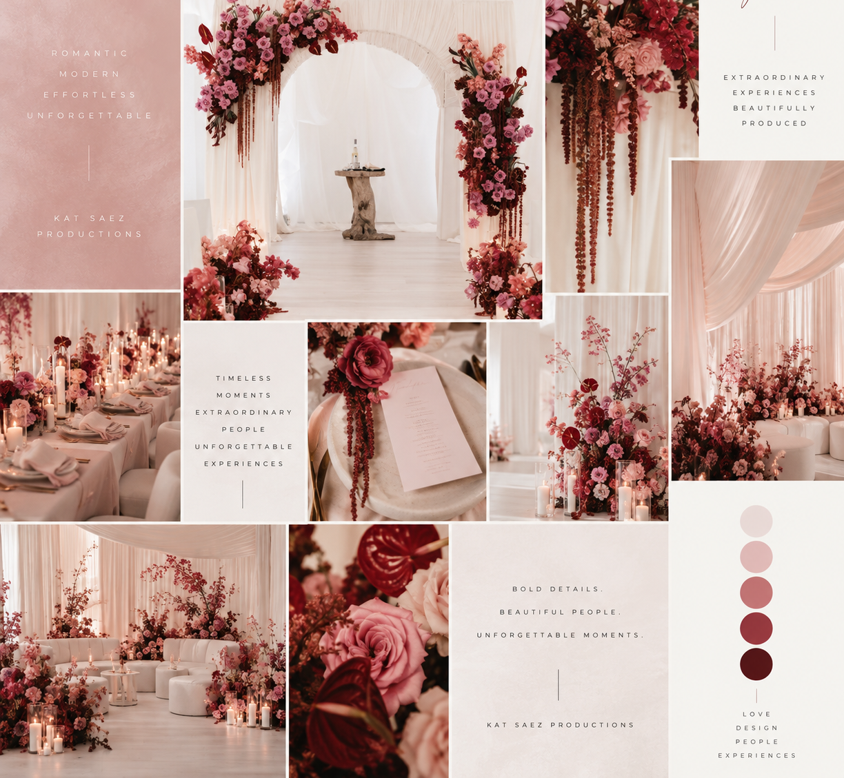 Collage of wedding decor featuring pink and red floral arrangements, candlelit tables, draped curtains, and seating area with flowers, with text overlay describing romantic, modern, effortless, and unforgettable experiences.