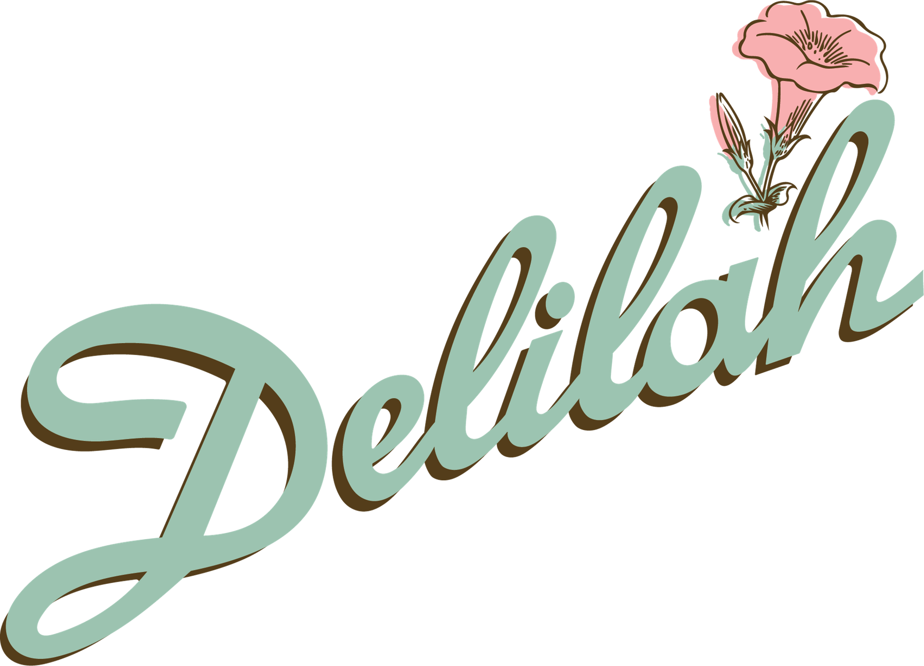 Decorative text reading 'Delilah' in muted teal with a pink flower and green branch accent.