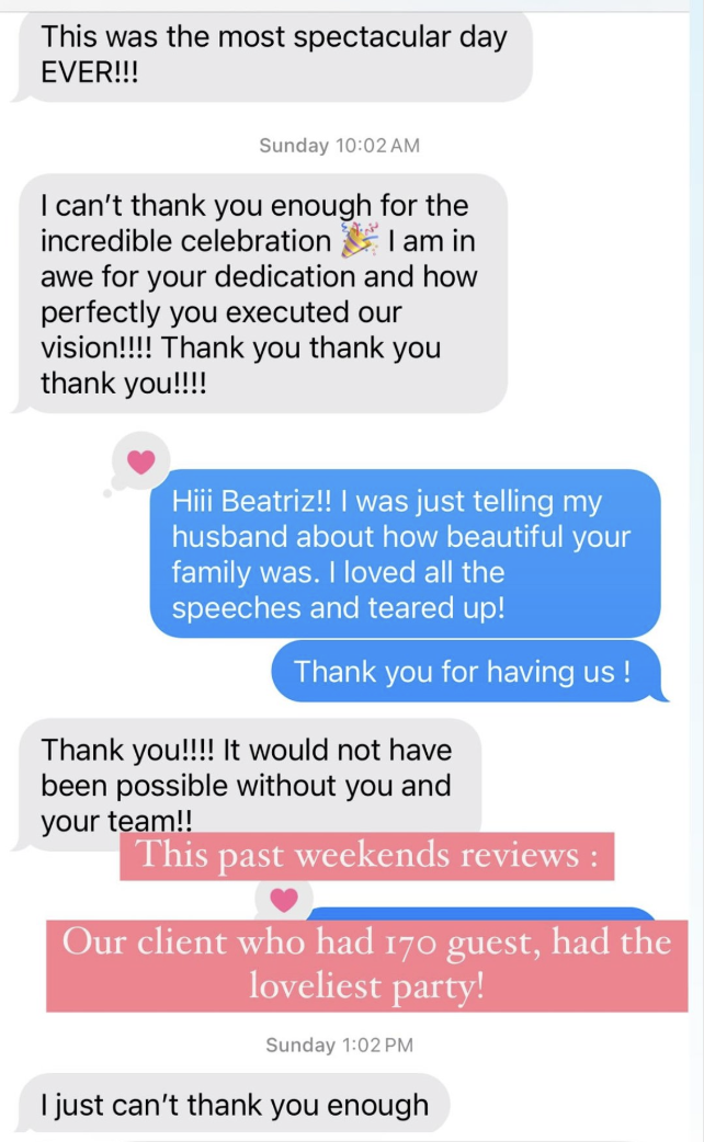 Screenshot of a text message conversation expressing gratitude for a party or celebration, with comments about a successful event, speeches, tears, and high guest count.