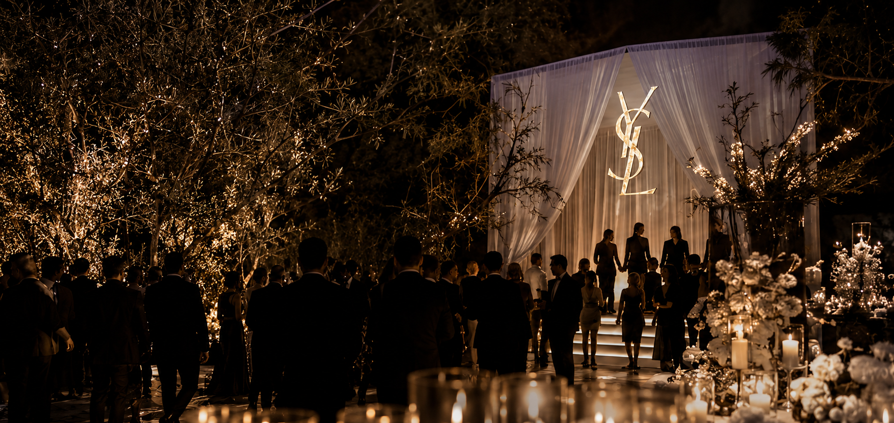 A nighttime outdoor wedding celebration with guests and a decorated stage featuring Louis Vuitton logo and elegant floral arrangements, lit with warm candlelight and string lights.