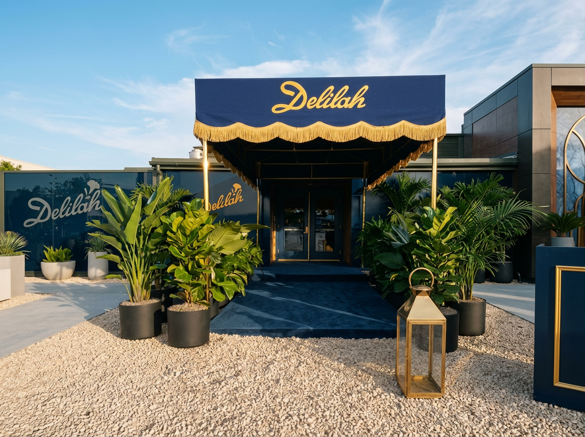 Exterior of a restaurant named 'Delilah' with a navy blue awning, potted green plants on either side of the entrance, and a gold lantern on the right, under a clear blue sky.