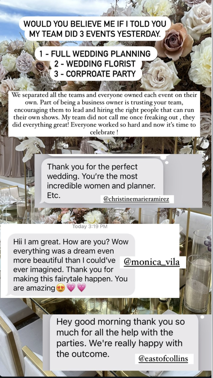 A floral backdrop with messages expressing gratitude for wedding planning assistance, mentioning team efforts in events like a wedding planning, wedding florist, and corporate party, along with thanks and compliments to the planner.