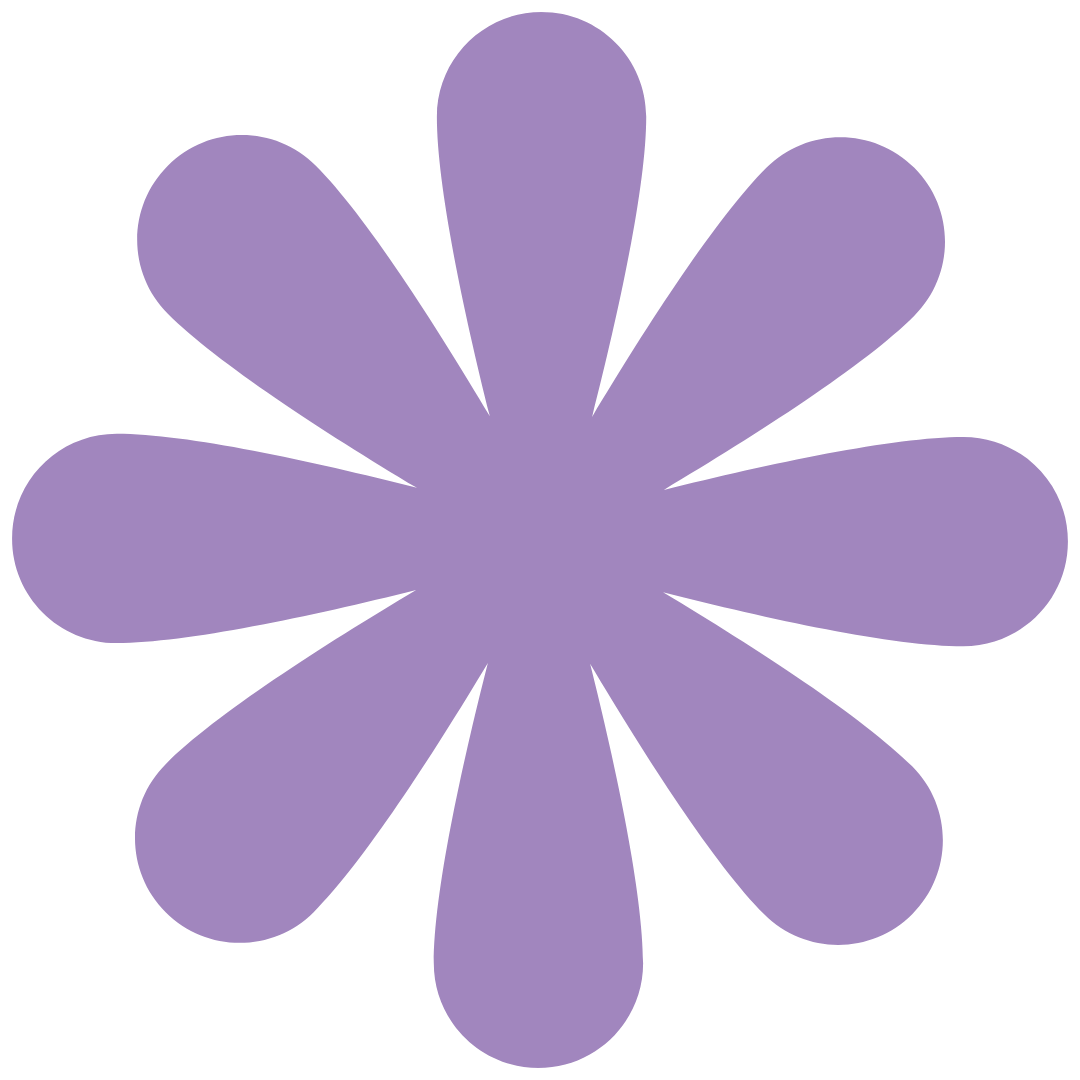 A purple cartoon-style flower with ten rounded petals against a transparent background.