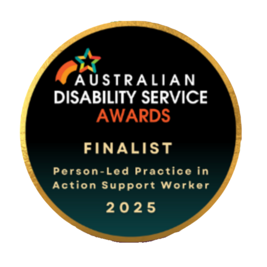 Australian Disability Service Awards finalist badge for 2025, recognizing a person-led practice in action support work.