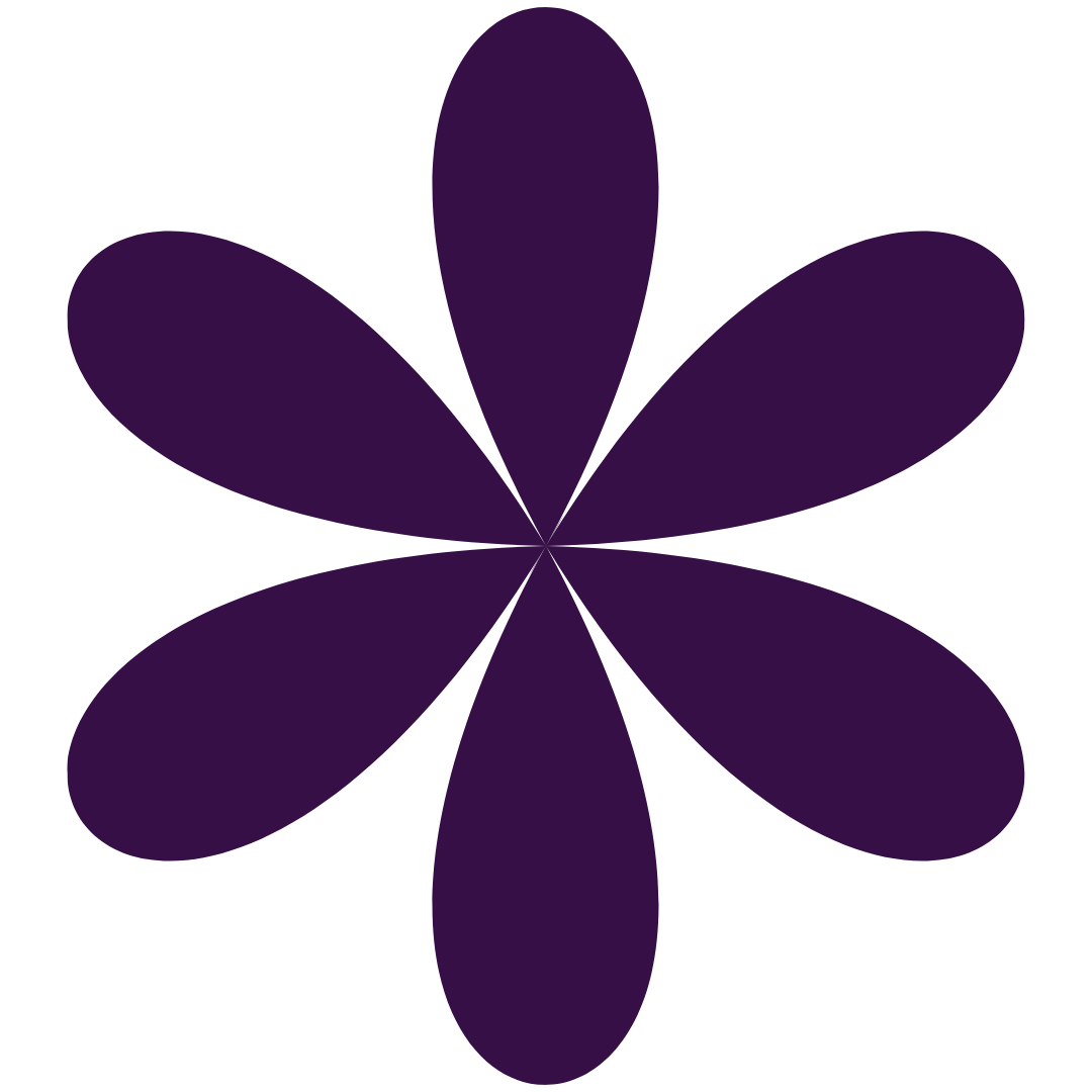 A stylized flower with seven dark purple petals on a black background.