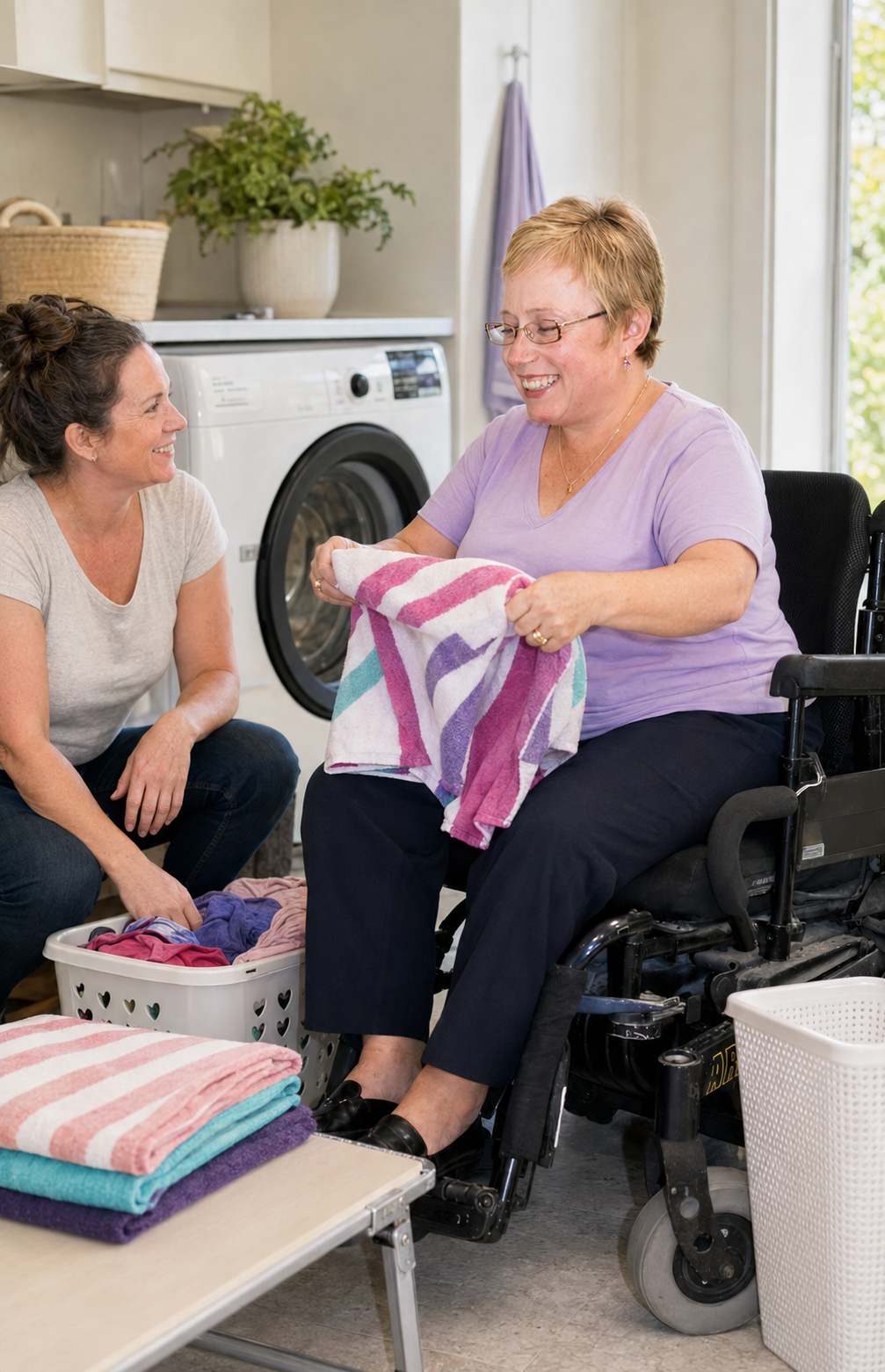 Two women, one in a wheelchair, folding laundry together in a laundry room and smiling at each other.