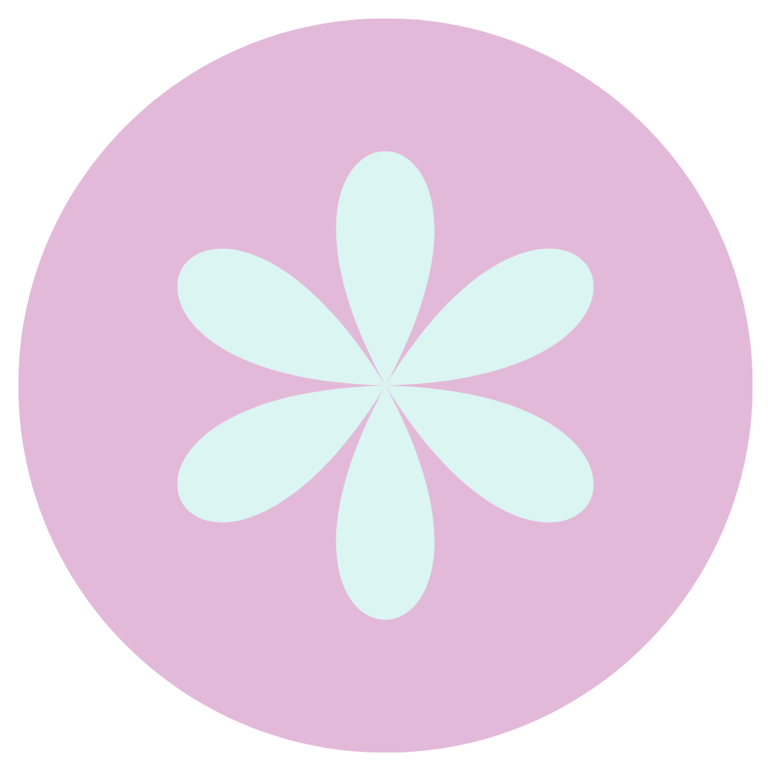 A pastel-colored floral pattern with a white six-petal flower on a purple circular background.