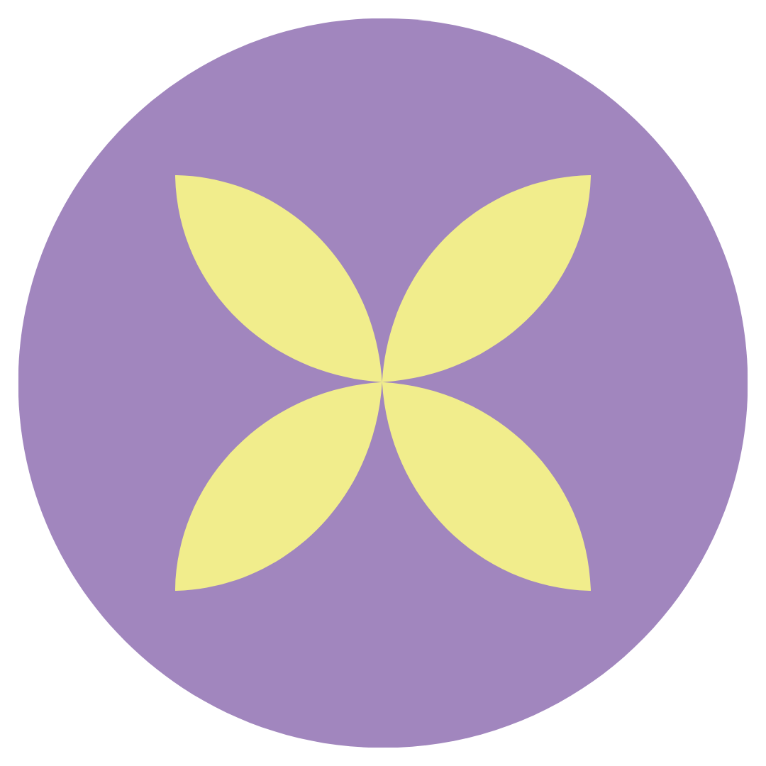 A circular graphic with a purple background and four pale yellow petal shapes arranged symmetrically to form a flower-like pattern.
