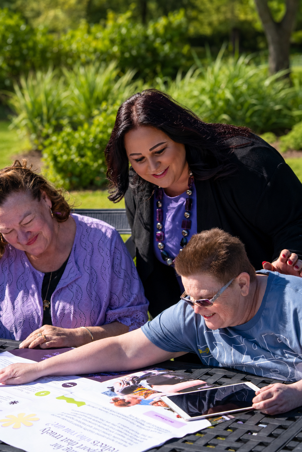 Three women sit at a table outdoors, looking at a magazine and smiling, with greenery in the background.