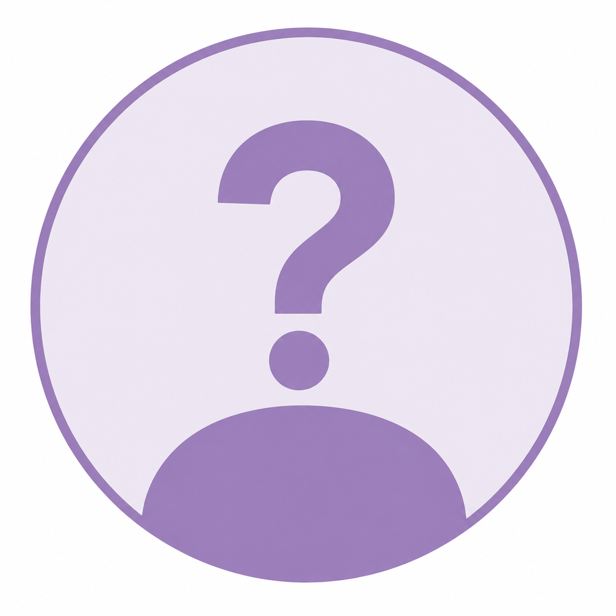 Gray icon of a person with a large purple question mark over the head, inside a purple circle.