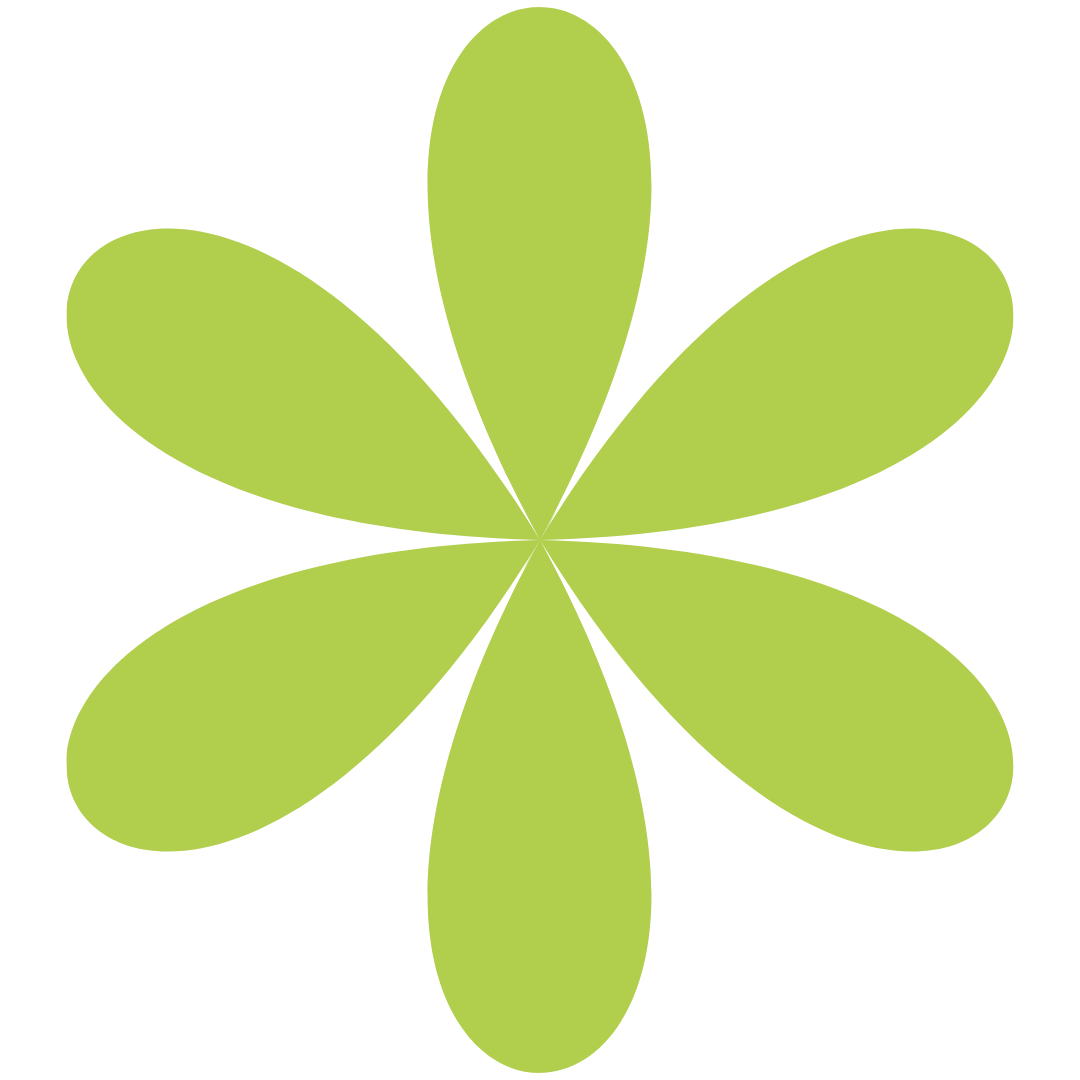 A stylized green leaf design with six elongated oval shapes radiating outward from a central point against a black background.