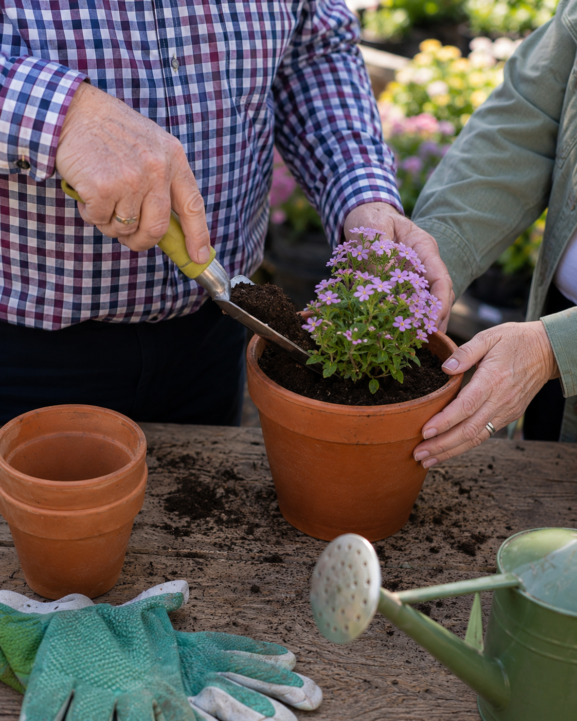 Two people planting a purple-flowered plant in a terracotta pot outdoors, with gardening tools and gloves on a rustic wooden table.