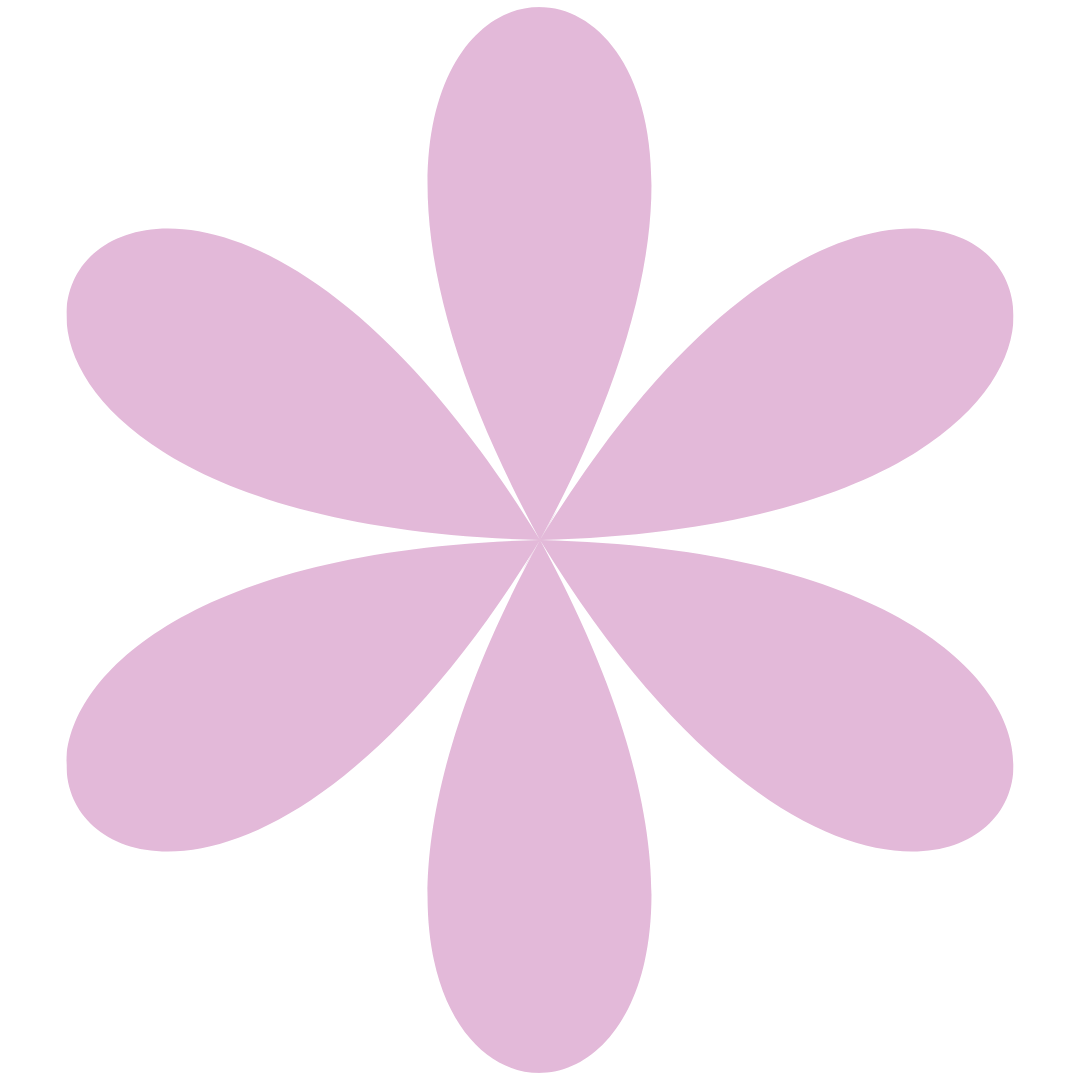 A stylized purple flower with six rounded petals arranged symmetrically.
