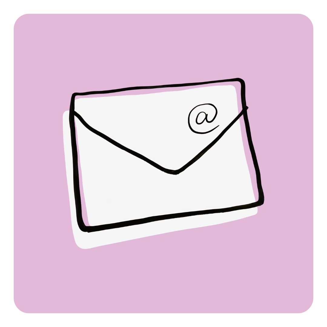 Simple drawing of an email envelope with an "@" symbol on it, set against a purple background.