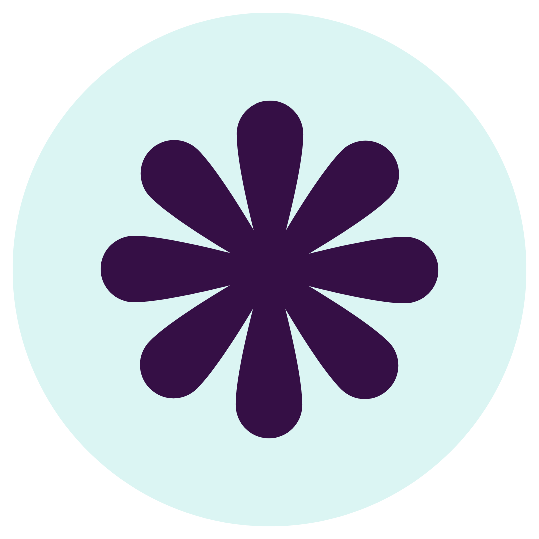 A stylized dark purple flower with eleven petals on a light blue circular background.