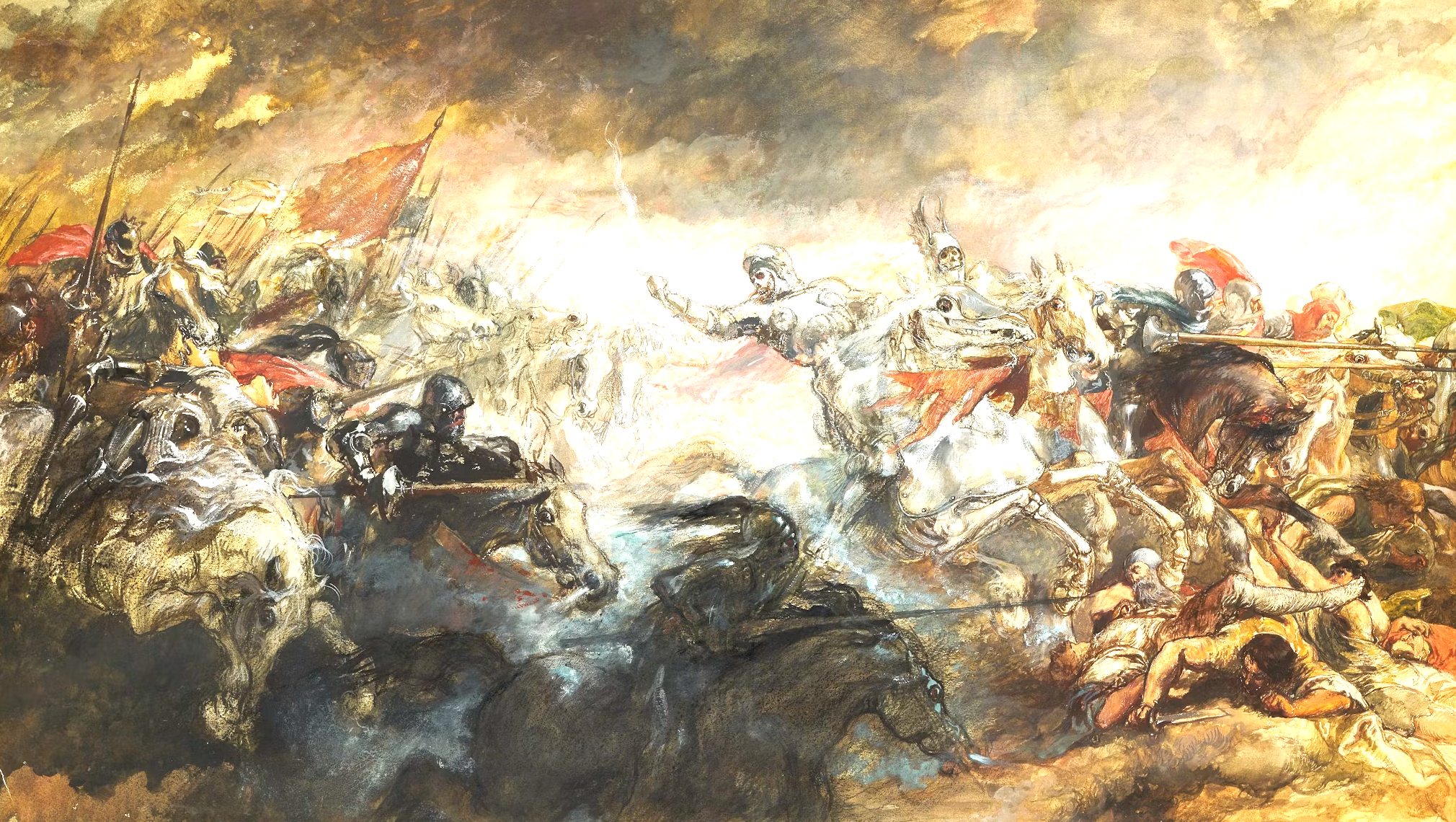 A detailed painting of a historical battle scene with soldiers on horseback and foot soldiers, with dark clouds and bright light in the background.