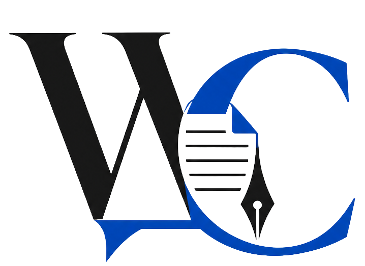 Logo combining the letters 'W' and 'C' with a fountain pen and paper icon in black and blue colors.