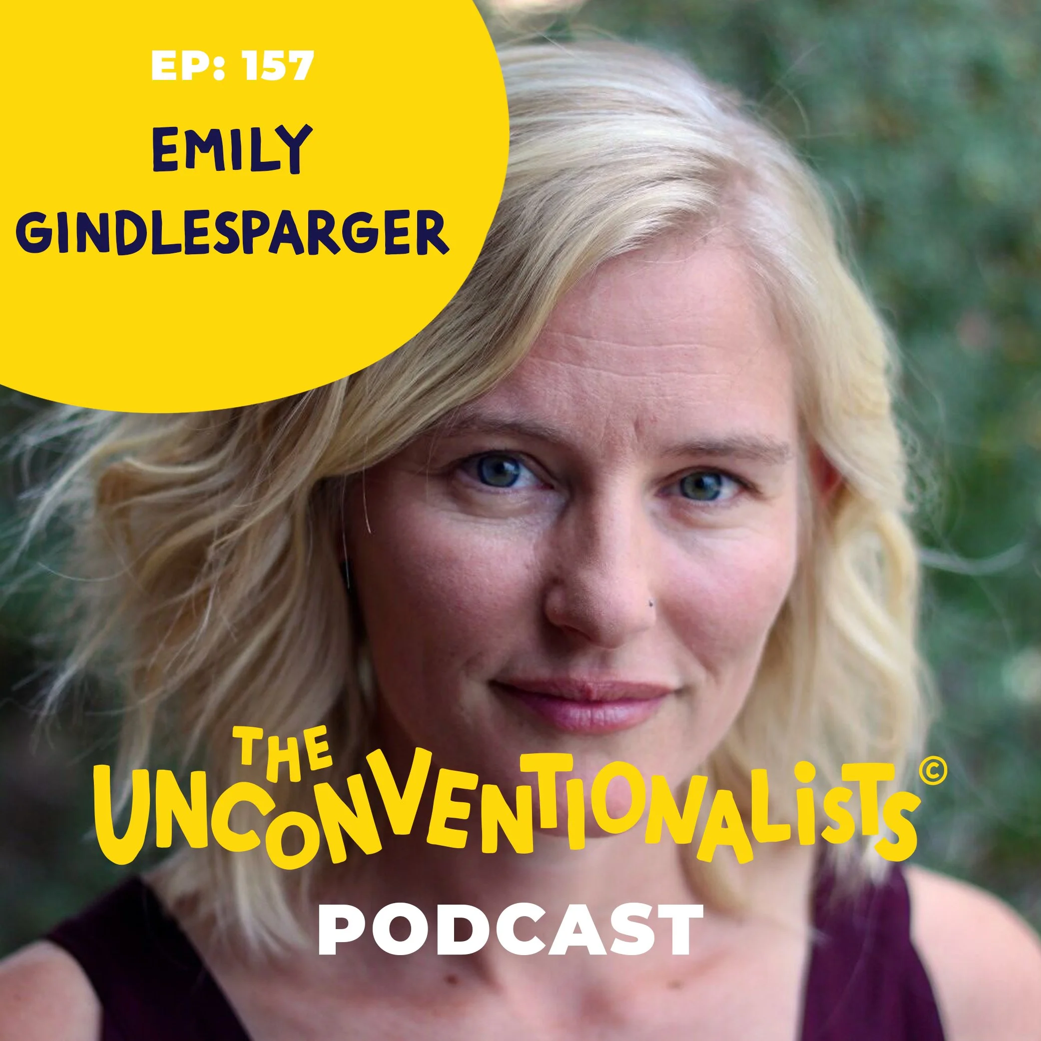 Close-up image of a young woman with blonde hair and blue eyes. A yellow graphic overlay covers part of her face, with text indicating this is a podcast episode featuring Emily Gindlesparger.