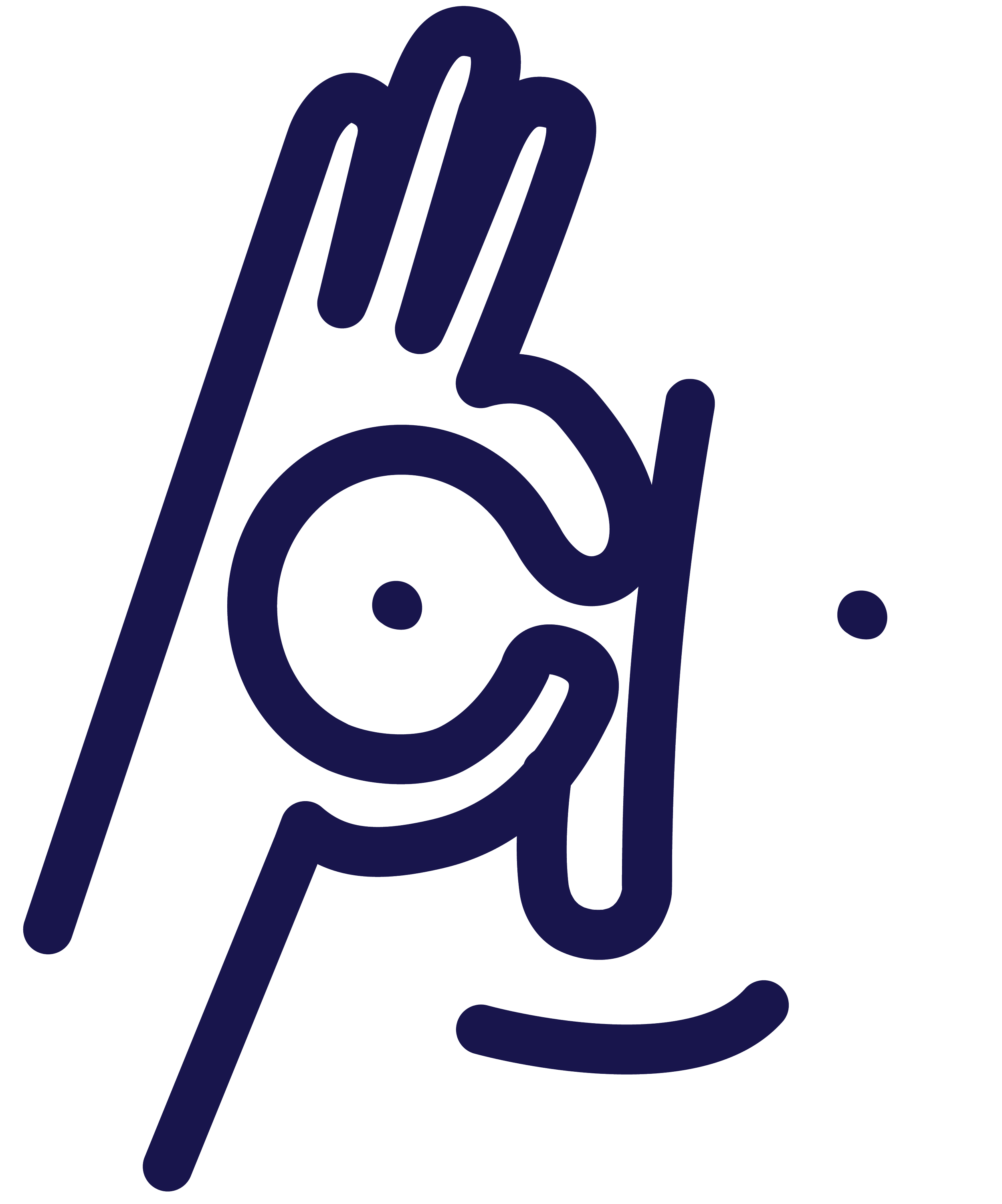 A stylized illustration of a hand with the index finger pointing upward and two circles underneath the hand, all in dark blue.