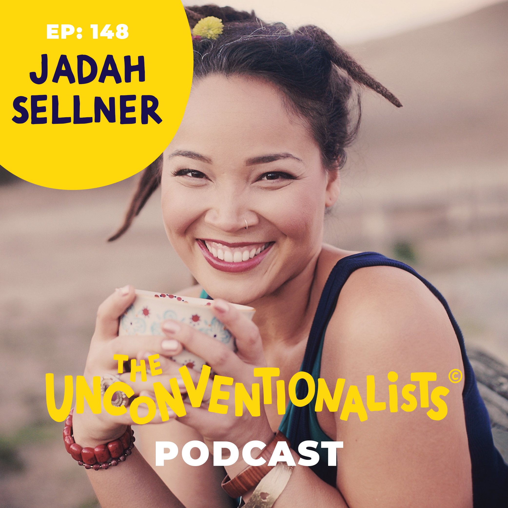 A woman smiling while holding a mug, with overlay text about a podcast episode and title.