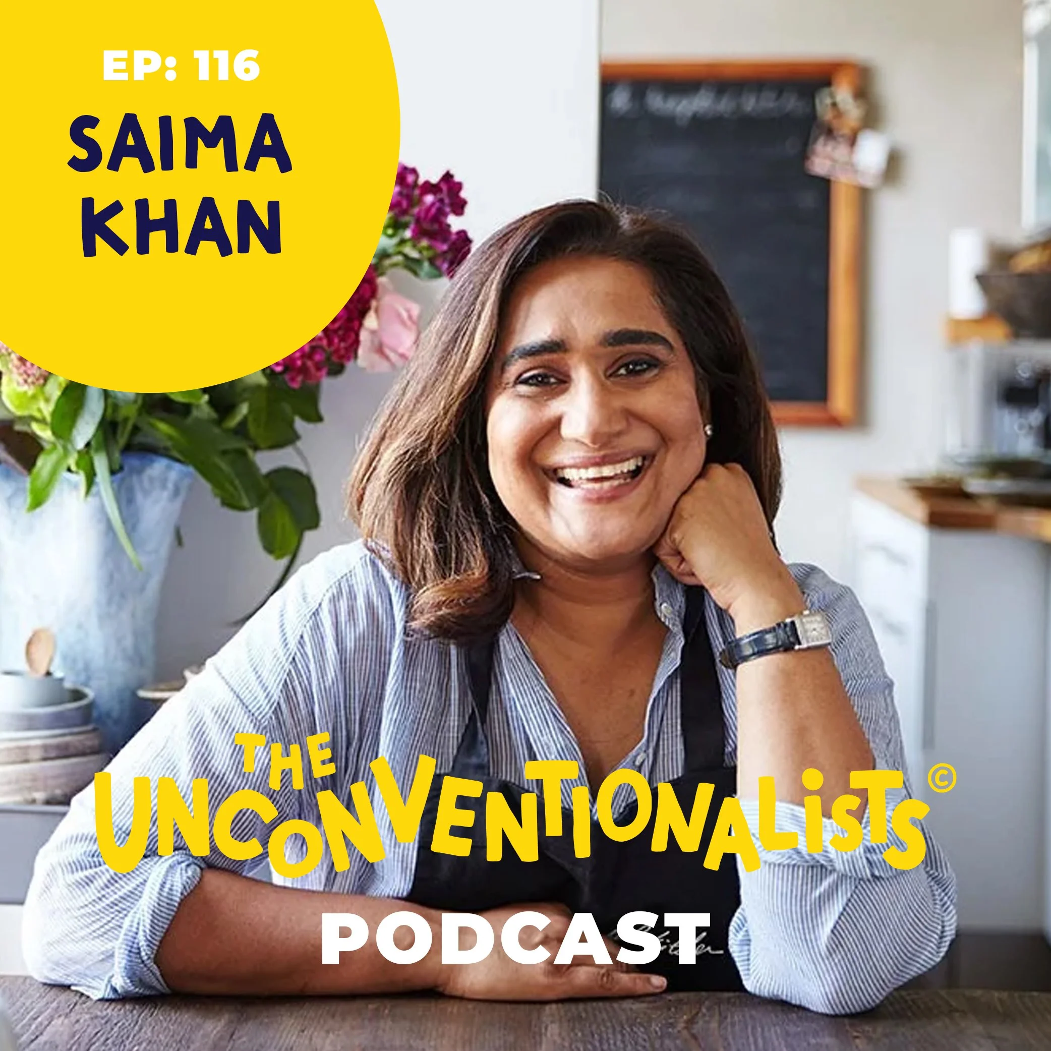 A woman smiling with her hand on her chin, sitting at a table with flowers in the background, overlaid with text about a podcast episode titled 'The Unconventionalist'.