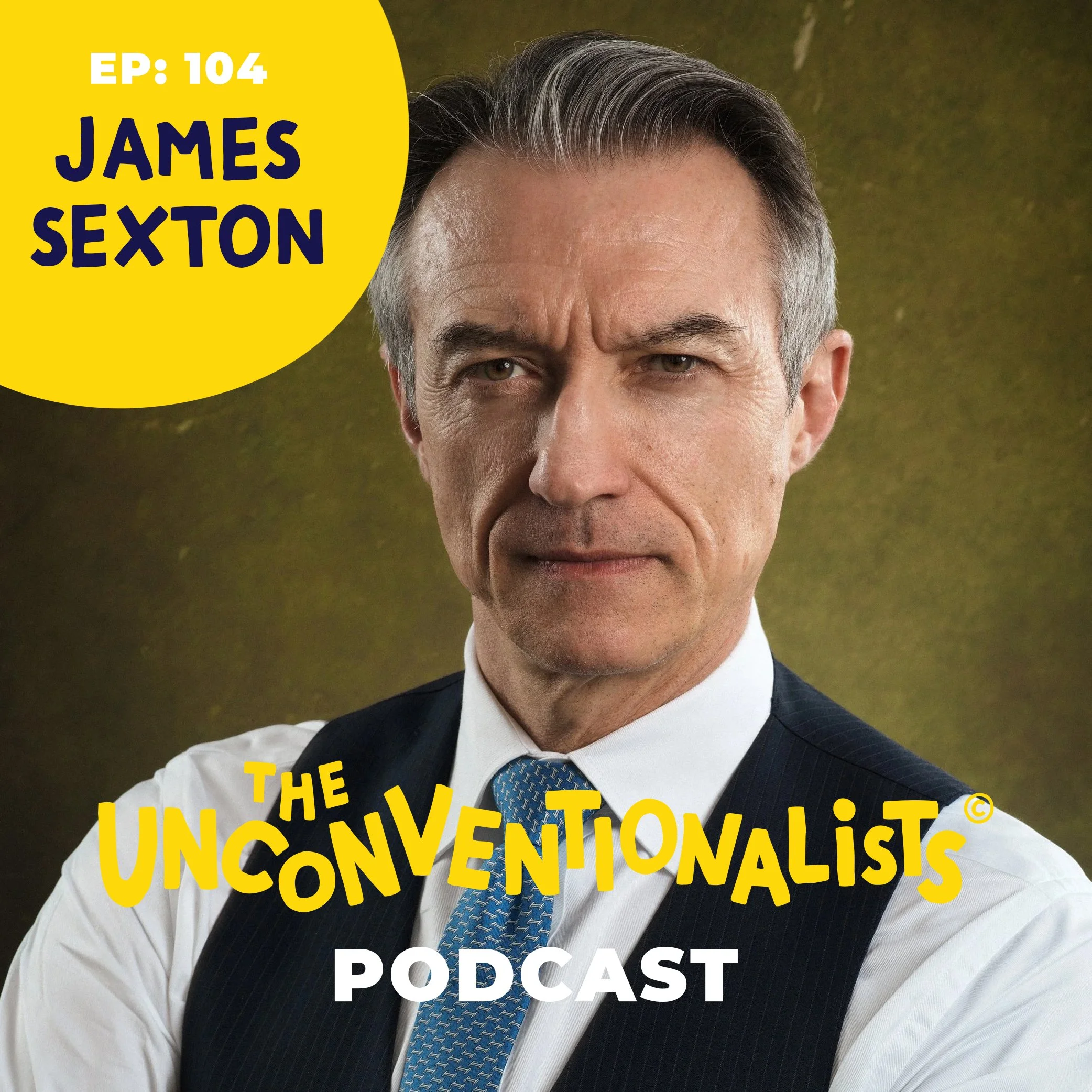 Close-up of a man's face, wearing a white shirt, navy vest, and blue patterned tie, with a yellow circle overlay containing text about a podcast episode title.