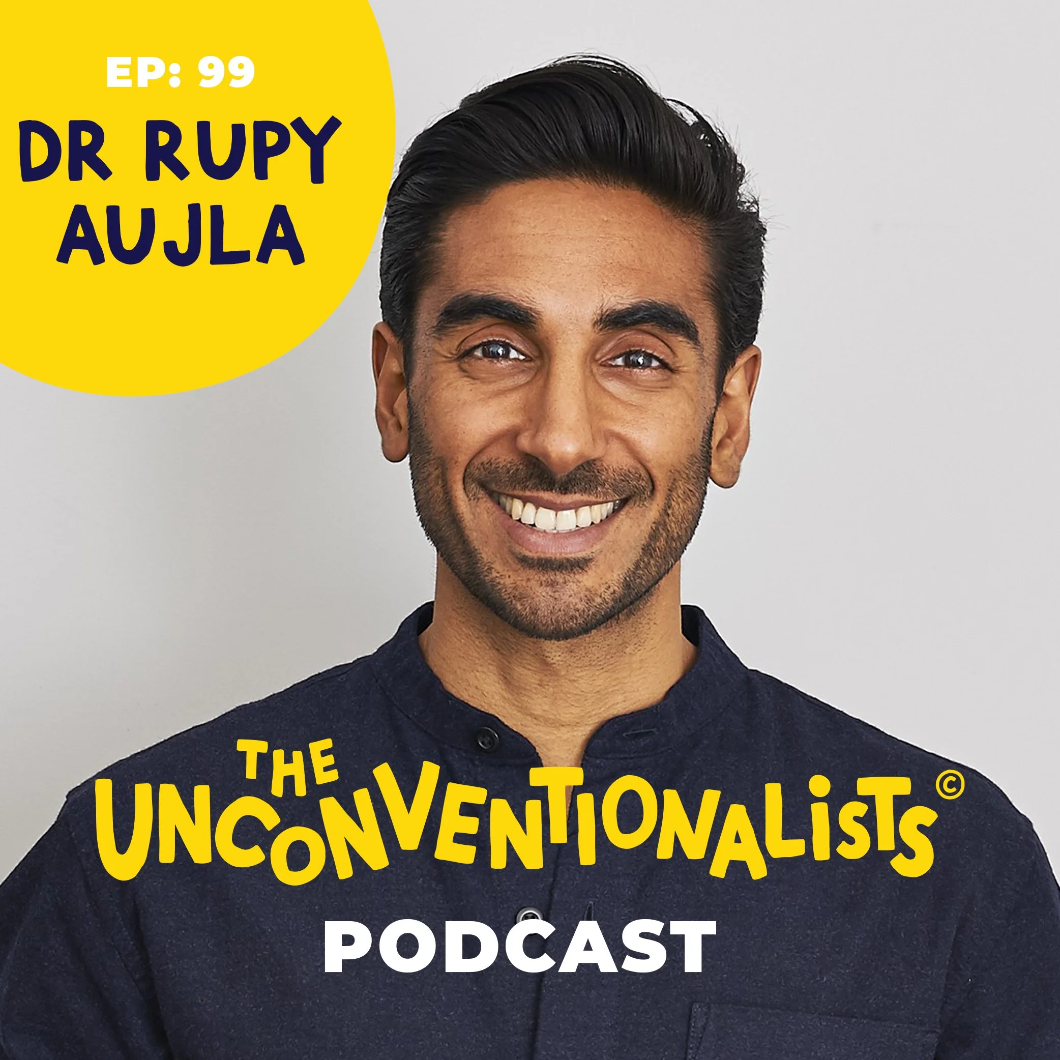 Close-up of a smiling man wearing a dark shirt with bright yellow text and partial text visible, related to a podcast titled 'The Unconventionalist'