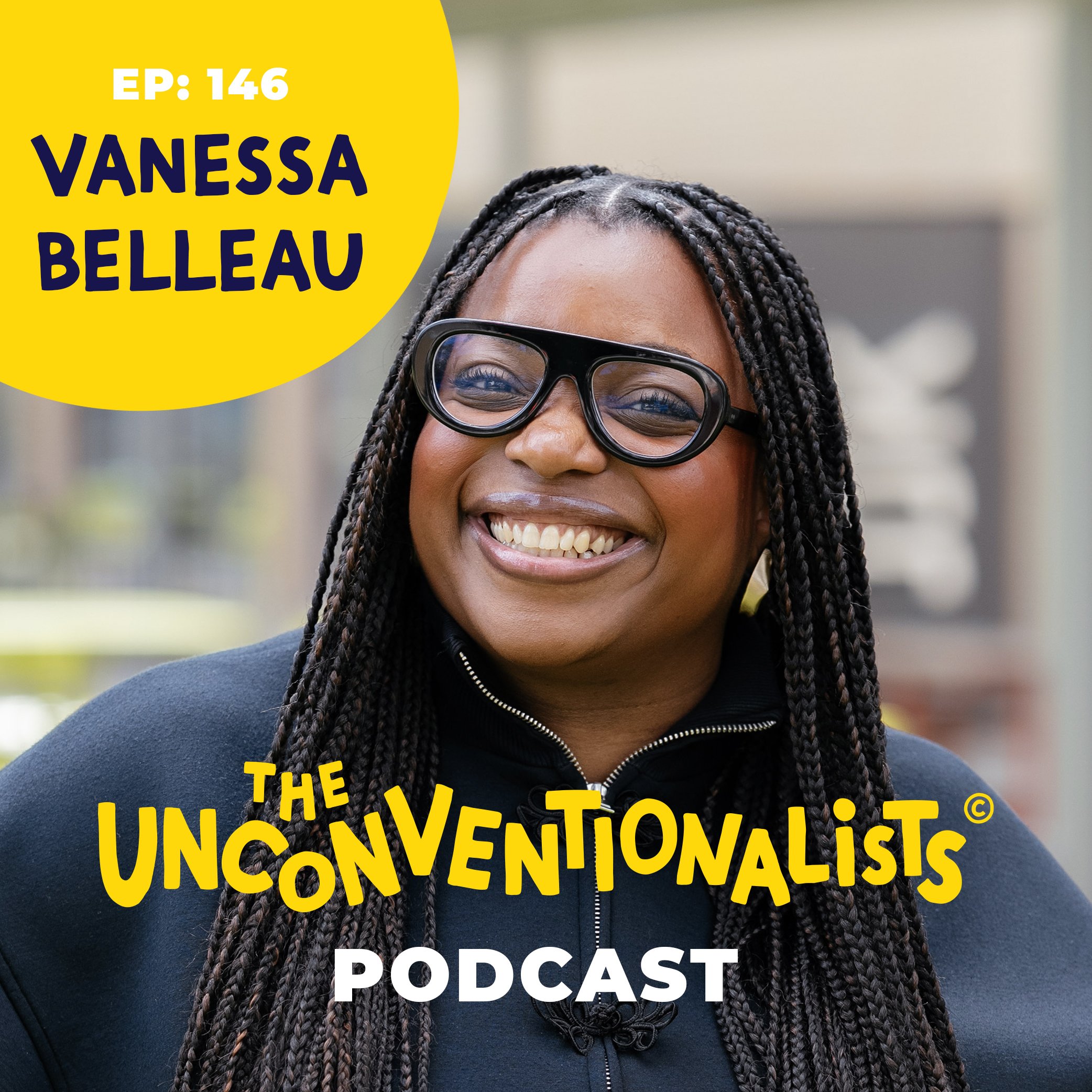 Close-up of a woman with braided hair wearing black glasses and smiling, with text overlay about a podcast episode and guest.