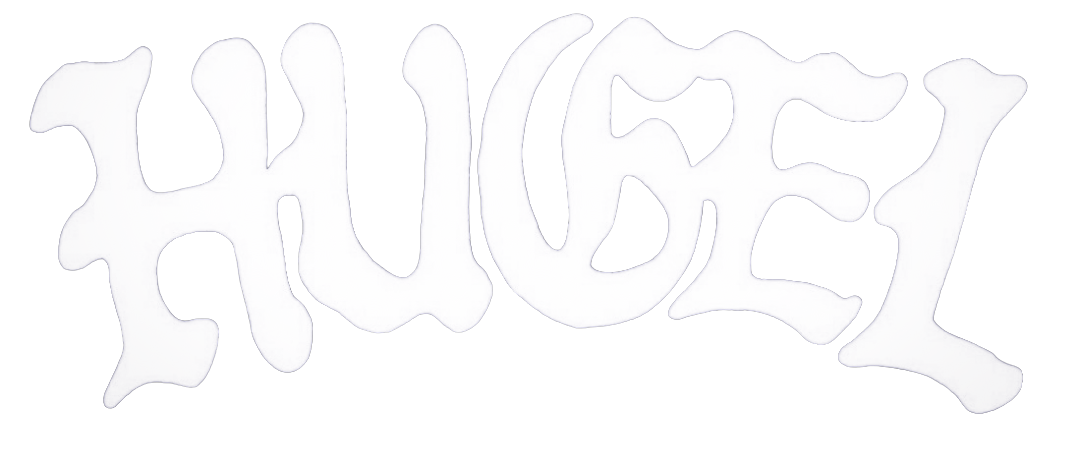 The word "HUG" written in stylized, white, bubble-like letters on a black background.