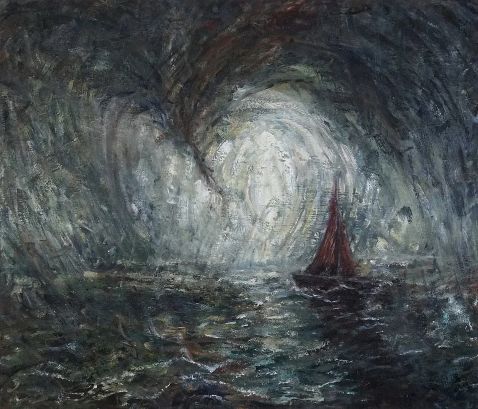 An oil painting of a dark, stormy seascape with a lone boat with a red sail sailing through choppy waves towards a bright, glowing light in the distance.