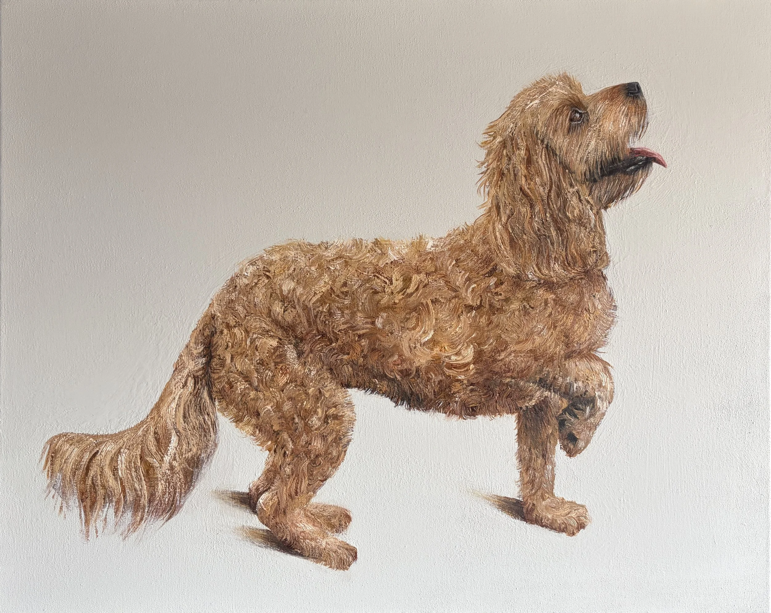 Painting of an apricot, long-haired cavapoo dog with its tongue sticking out, set against a plain light background.