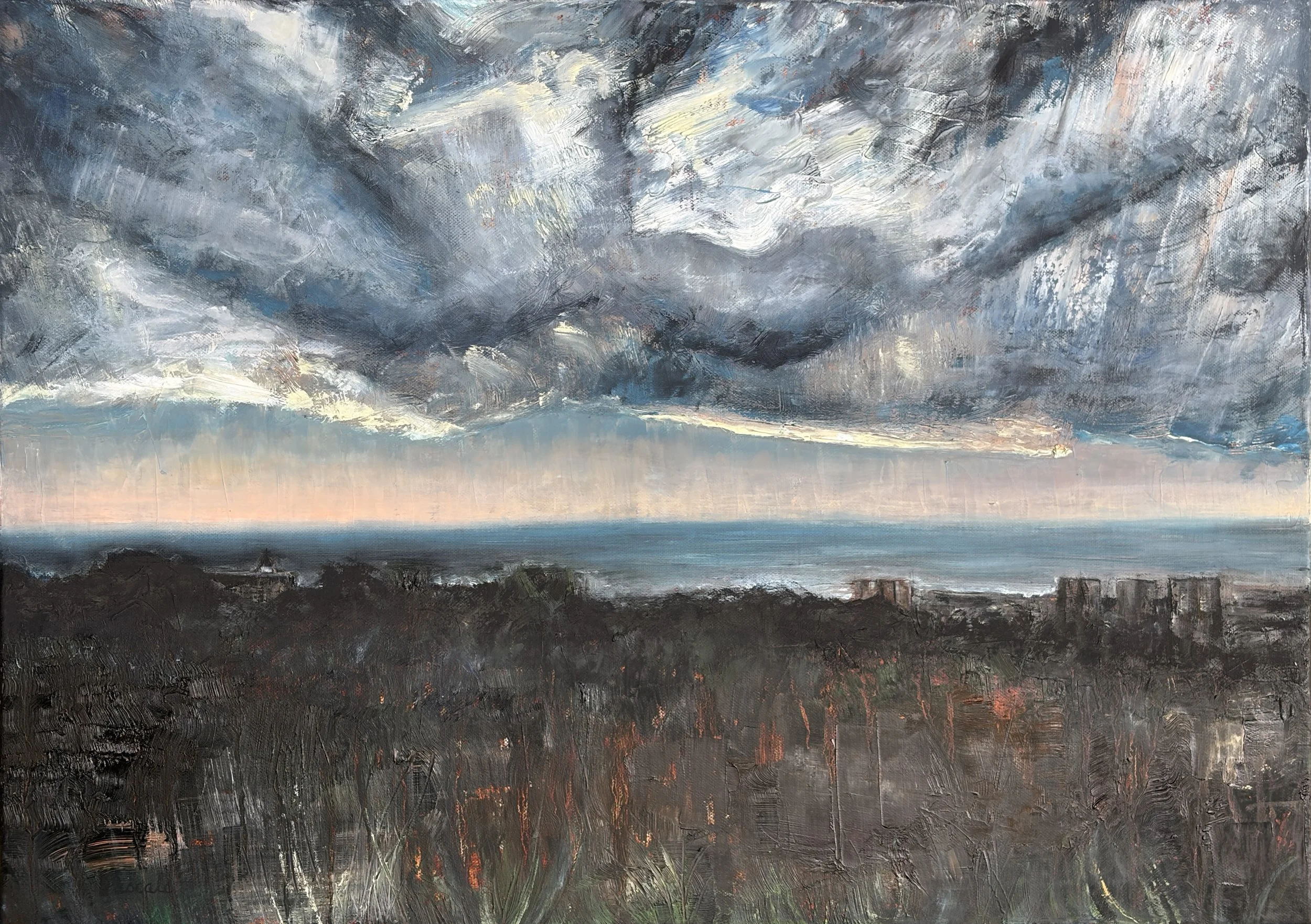 A landscape painting of a cloudy sky over a dark landscape with some green grass or plants in the foreground.