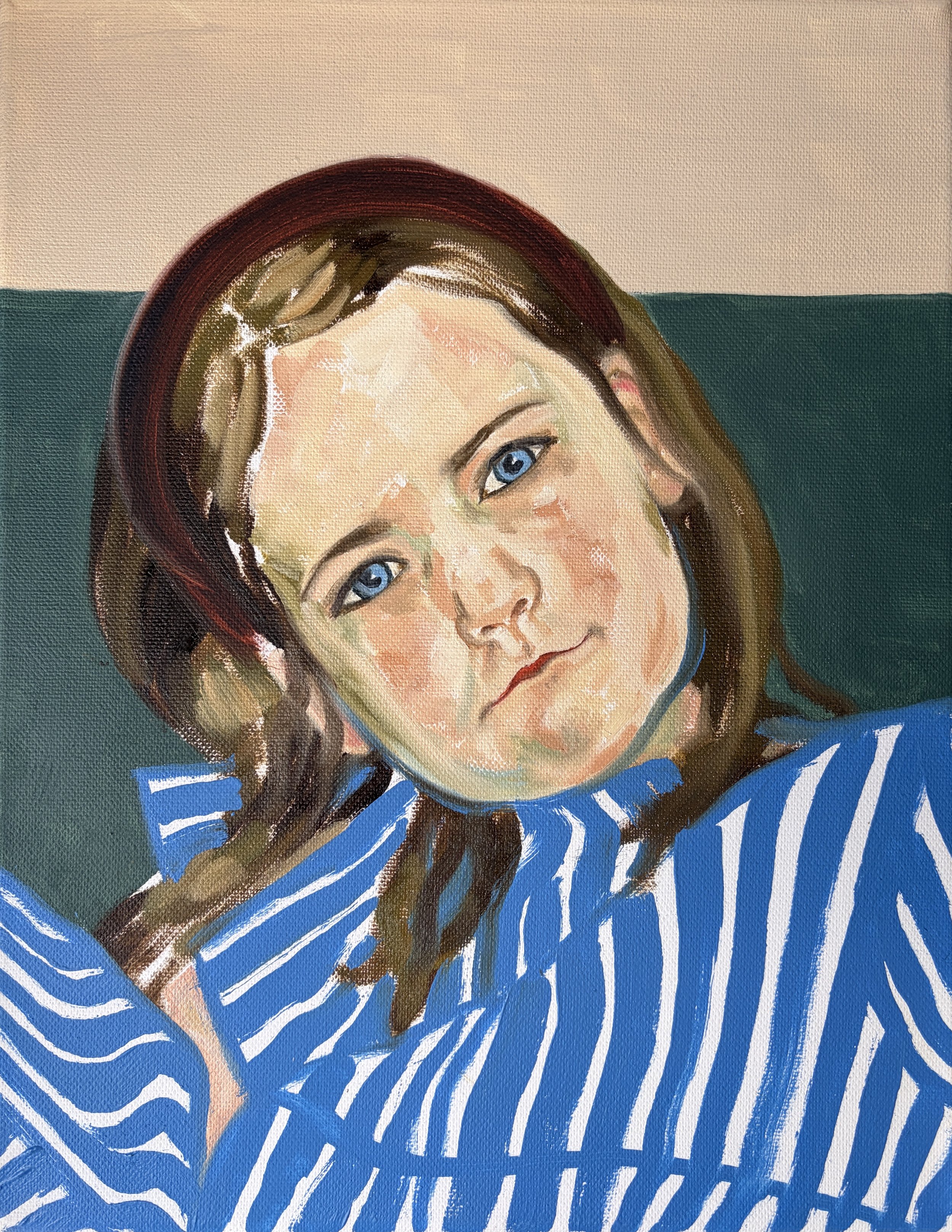 A painting of a girl with brown hair and blue eyes wearing a blue and white striped dress.