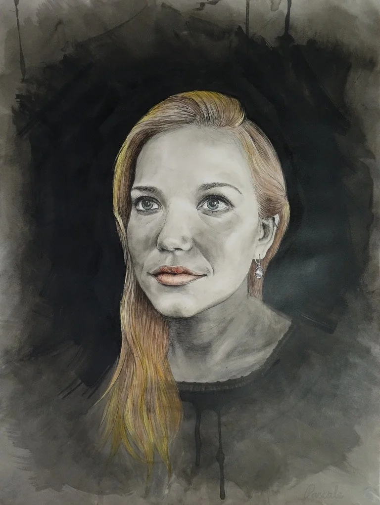 A detailed artistic portrait of a woman with blonde hair, green eyes, and earrings, set against a dark background.