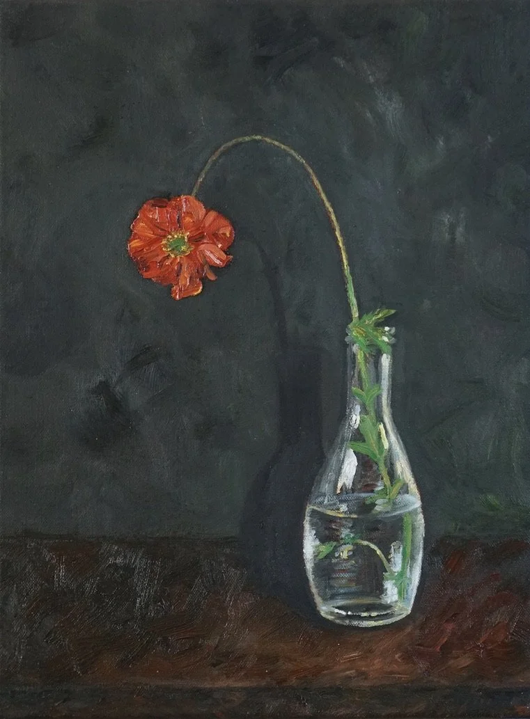 A painting of a single red geum flower with a long stem in a transparent glass vase, with a dark background and a wooden surface.