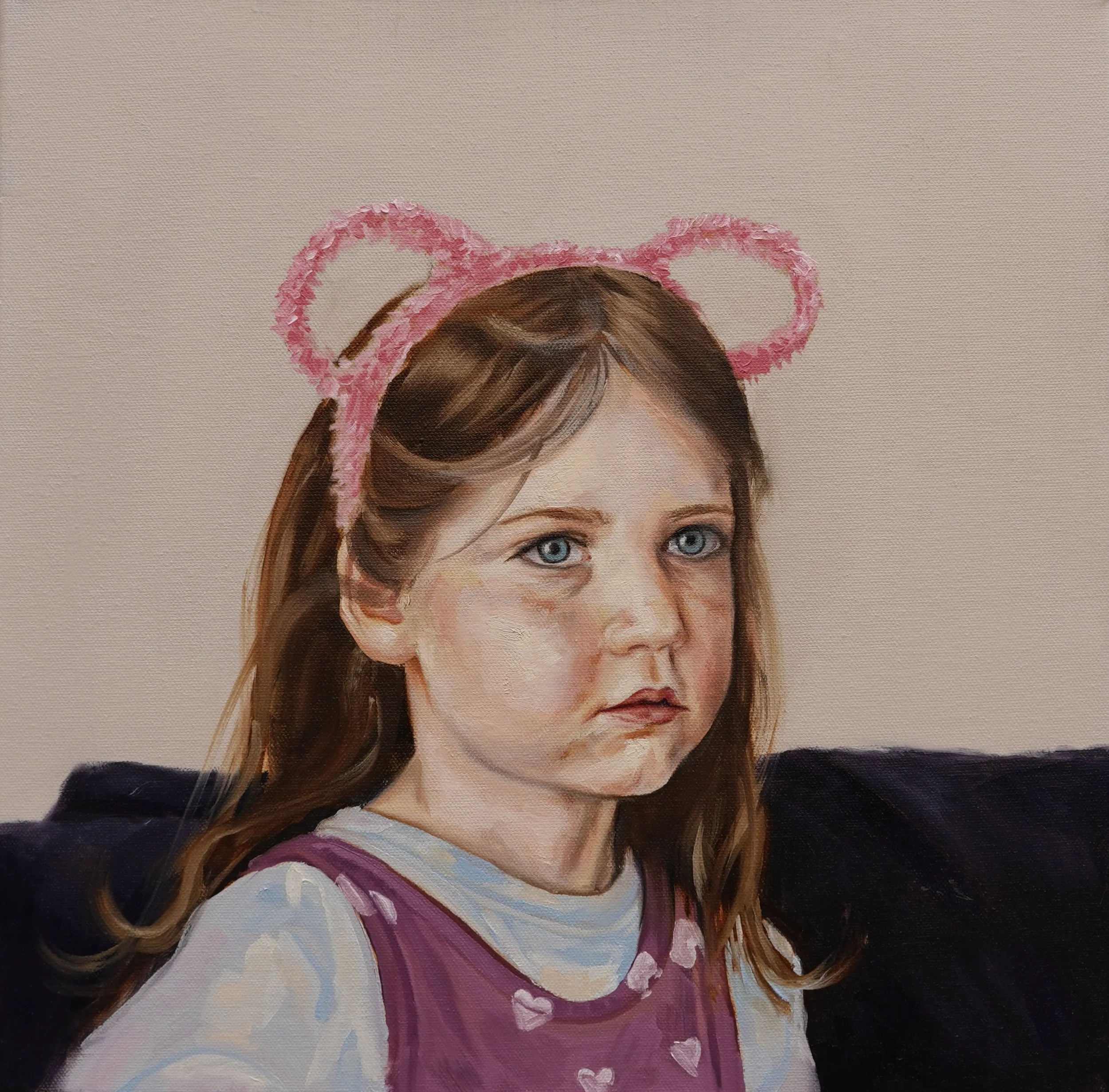 A painting of a young girl with long brown hair, blue eyes, wearing a purple dress with a t-shirt, and pink accessories, including heart-shaped details, topped with a pink headband with a fluffy pink heart-shaped design.