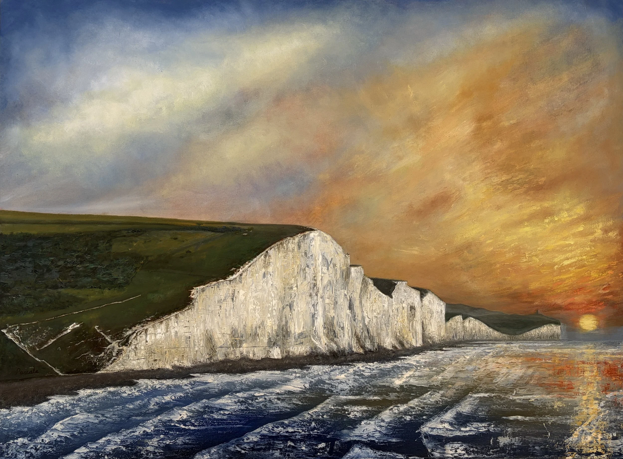 An oil painting of a coastal scene with white chalk cliffs against a dramatic sunset sky with blue, yellow, and orange hues, and turbulent dark blue waves in the foreground.