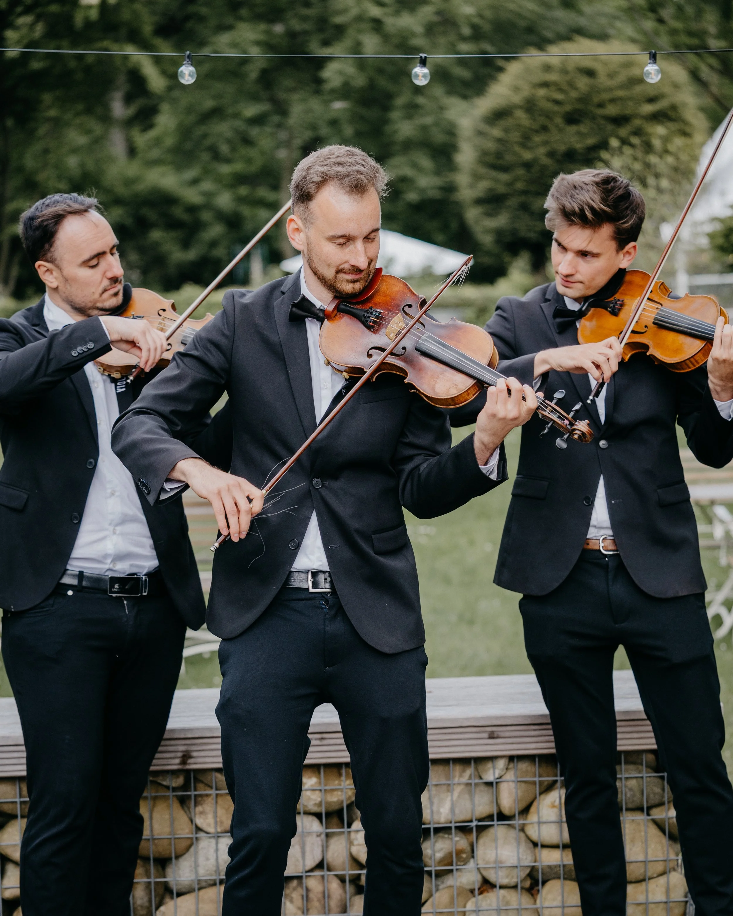 Three men in tuxedos playing violins outdoors during daytime, with a string of outdoor lights overhead and a wood and stone decorative barrier behind them.