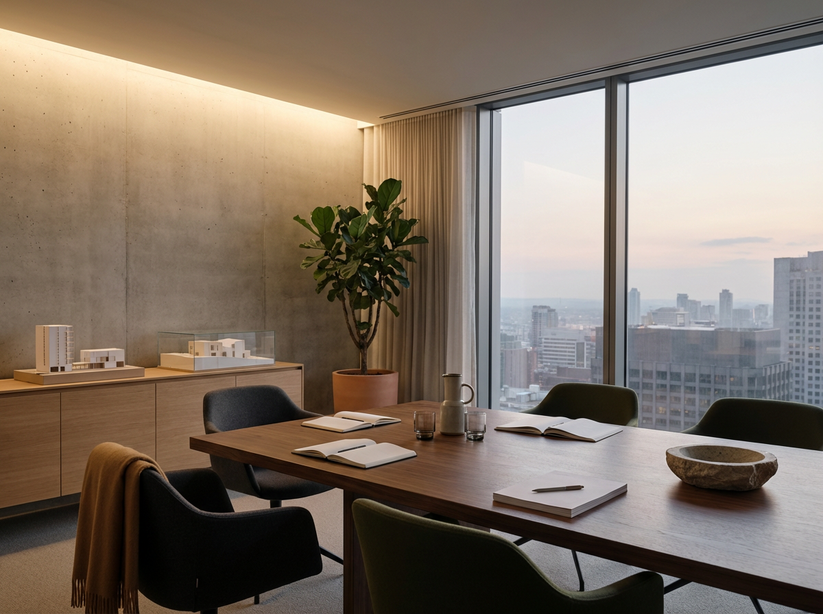 Modern conference room with a large wooden table, four open notebooks, a large bowl, and a pitcher with glasses, in front of a floor-to-ceiling window showing a cityscape during dusk.