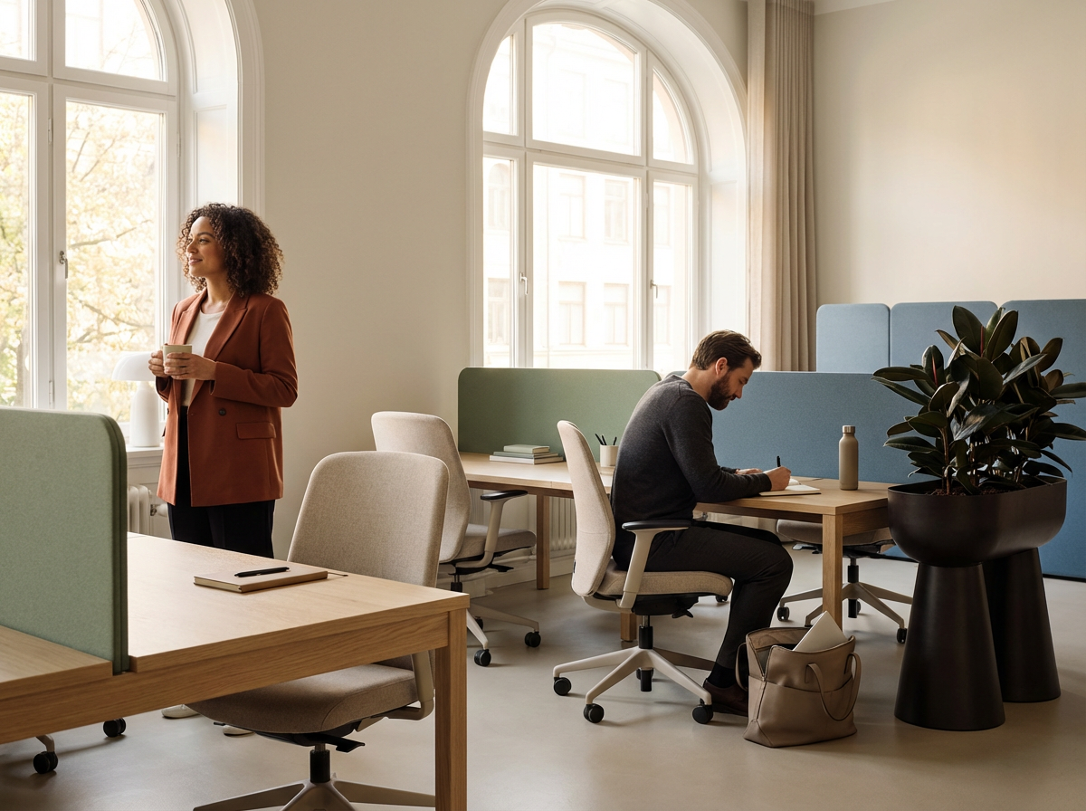 A woman standing near a window holding a coffee mug, and a man sitting at a desk writing, in a bright modern office with large windows and a potted plant.