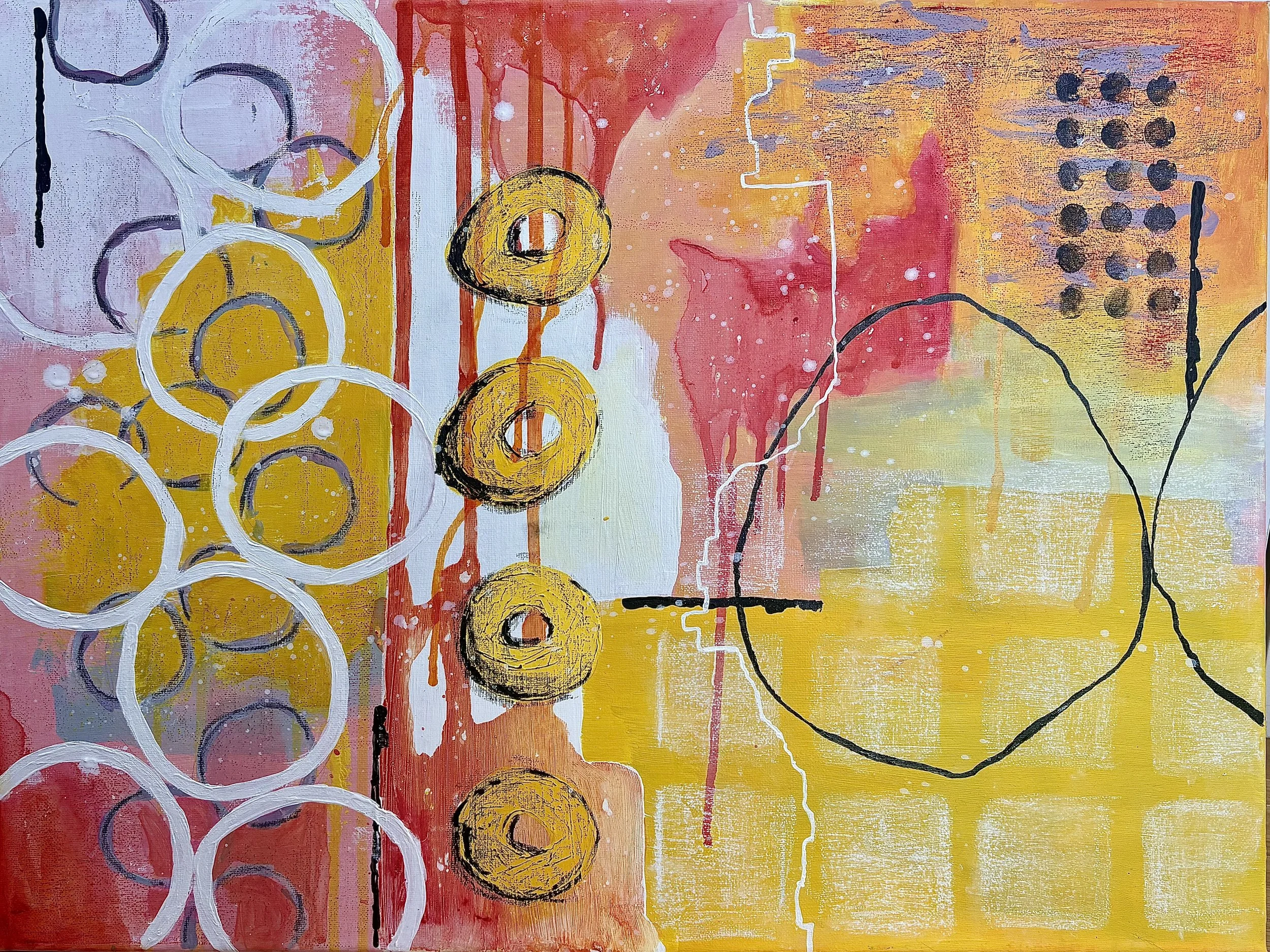 Abstract painting with orange, yellow, pink, purple, and black colors, featuring various shapes including circles, lines, and zigzag patterns.